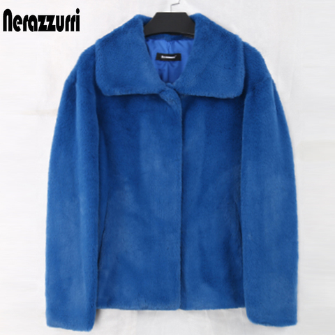 Nerazzurri-Chaqueta corta de piel sintética para mujer, ropa de manga larga púrpura, blanca y azul para otoño, de talla grande suaves peludos ► Foto 1/6