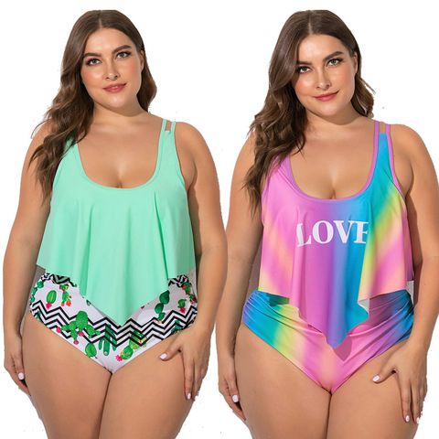 Conjunto de bikini de talla grande para mujer, traje de baño de dos piezas con estampado de Cactus/letras, con volantes, 5XL talla grande, verano 2022 ► Foto 1/6