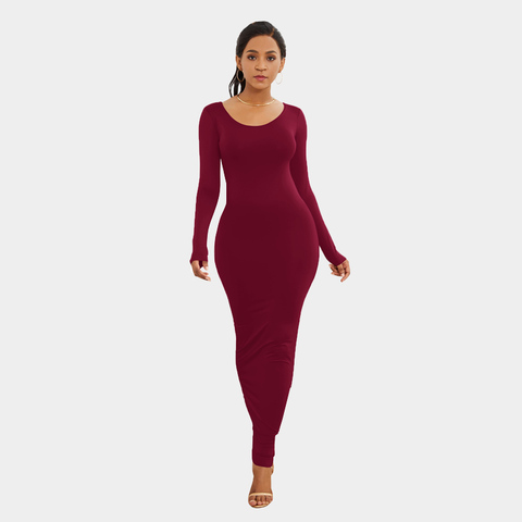 Delgado tobillo longitud largo Maxi Vestido de manga larga apretados lápiz vestido de las mujeres de otoño Vestidos de Rojo Negro cadera paquete Bodycon Vestidos XL ► Foto 1/6