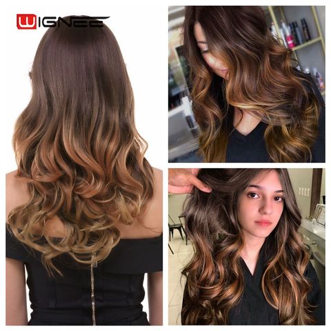 Wignee pelucas sintéticas con flequillo para las mujeres de pelo largo alta densidad temperatura 3 tonos Ombre marrón Glueless Cosplay pelo falso pelucas ► Foto 1/6