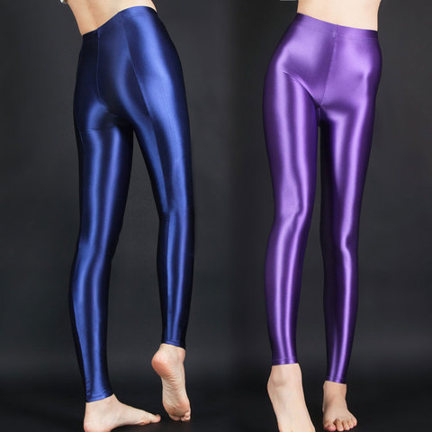 Sexy mujeres Color caramelo brillante lápiz pantalón aceite brillante de alta cintura suave pantalones de rayas Sexy apretado Club de baile ropa de talla grande F35 ► Foto 1/6