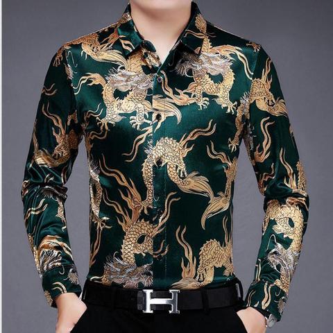 Camisa de franela de gran tamaño para hombre, ropa de lujo, blusa de terciopelo verde con dragones, camisas de terciopelo, vestido rojo de invierno, camisa de moda 2022 ► Foto 1/1