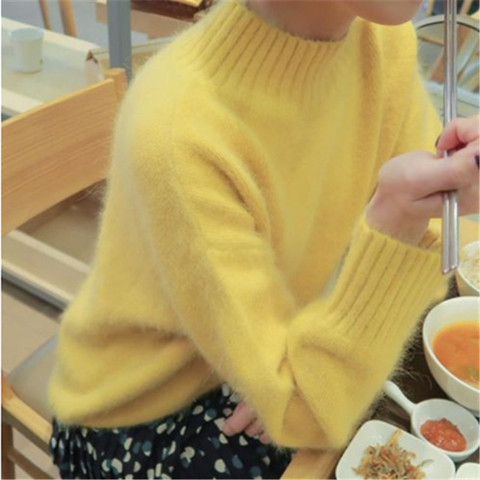 JSXDHK-suéter de punto para mujer, suéter de punto coreano para otoño e invierno, jerséis suaves y cálidos de visón amarillo, Tops informales holgados con cuello levantado ► Foto 1/6