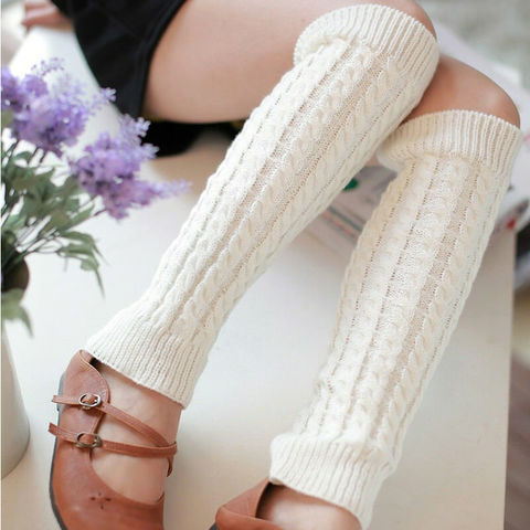 Calcetines cálidos de punto para mujer, calentadores de pierna hasta la rodilla, Crochet, color negro, blanco, Beige y rosa, Invierno ► Foto 1/6