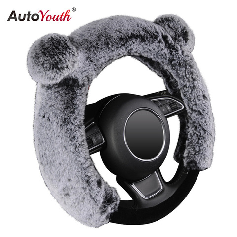 AUTOYOUTH-funda para volante de invierno, cubierta de piel de peluche, bonita, cálida, larga, felpa de lana, cubiertas de volante de coche, Universal, 37-38 cm/15 pulgadas ► Foto 1/6