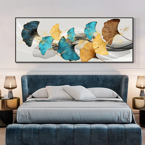 Pintura al óleo sobre lienzo de hojas de Ginkgo amarillas y azules, póster nórdico, imagen artística de pared para sala de estar, decoración del hogar sin marco ► Foto 1/6