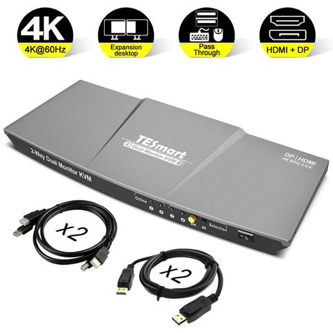 DisplayPort + HDMI Monitor Dual KVM interruptor soporte UHD 4K @ 60Hz dispositivos USB 2,0 Control a 2 computadoras con (DP + HDMI + USB) Inp ► Foto 1/6