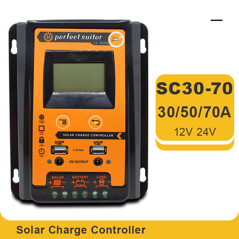 Controlador de carga Solar MPPT PWM, regulador de 30A, 50A, 70A, 12V, 24V, USB Dual, con LCD grande, IP32, PV, tiempo de carga ► Foto 1/6