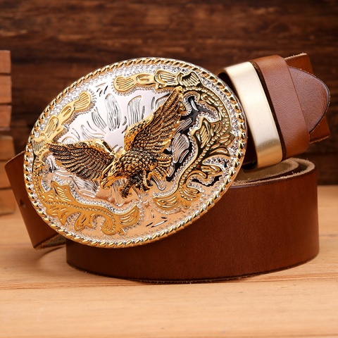 Hebilla grande de águila dorada de cuero auténtico de grano completo 100% cinturones de cuero auténtico de halcón para hombre de lujo de alta calidad camel brown cowboys mujeres ► Foto 1/1