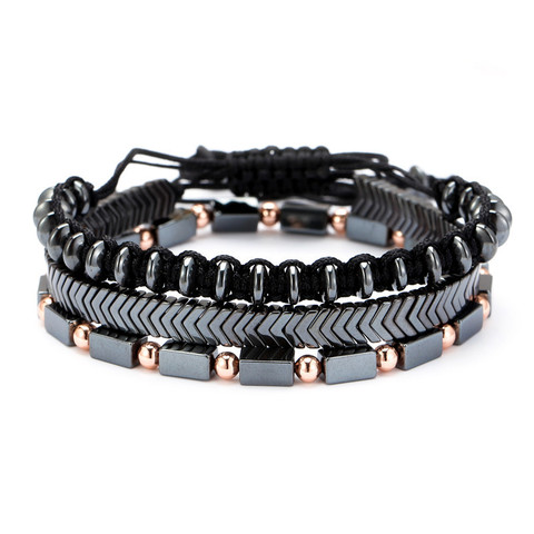 Conjunto de 3 unidades de pulsera ajustable para hombre y mujer, brazalete con cuentas geométricas y piedras de Hematita Natural trenzadas, conjunto de pulseras masculinas ► Foto 1/6