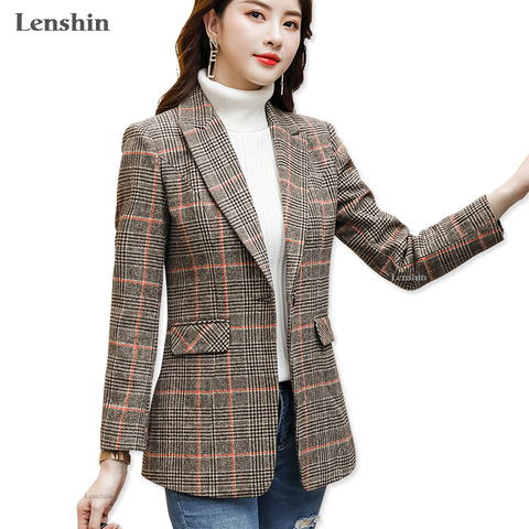 Lenshin-Chaqueta de Estilo Vintage inglés para mujer, abrigo a cuadros de alta calidad con bolsillos, chaqueta de un solo botón, prendas de vestir a la moda ► Foto 1/6