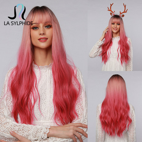 La Sylphide-Peluca de Cosplay de Halloween para mujer, postizo de pelo sintético rosa con raíces onduladas, color negro, fibra resistente al calor ► Foto 1/6