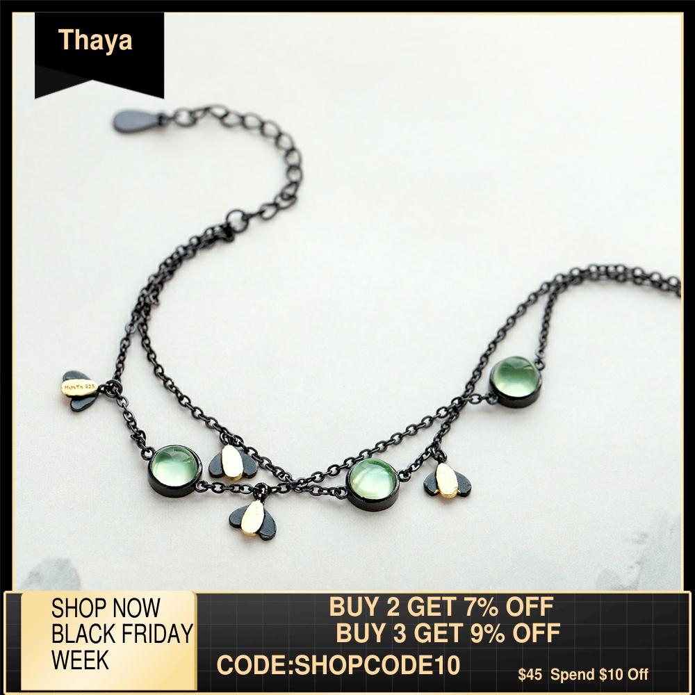 Thaya-pulsera de Firefly para mujer, cadena negra de piedras preciosas de cristal verde y plata s925, joyería nocturna de verano, regalo de espíritu guardián ► Foto 1/5