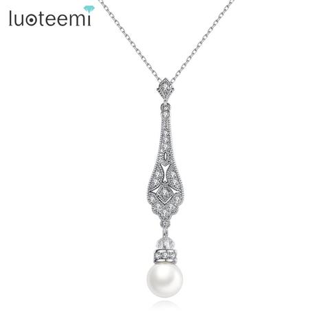 LUOTEEMI-pendiente de perlas de imitación para mujer, collar grande de circonia cúbica para mujer, joyería para mujer, regalos para citas de boda ► Foto 1/6