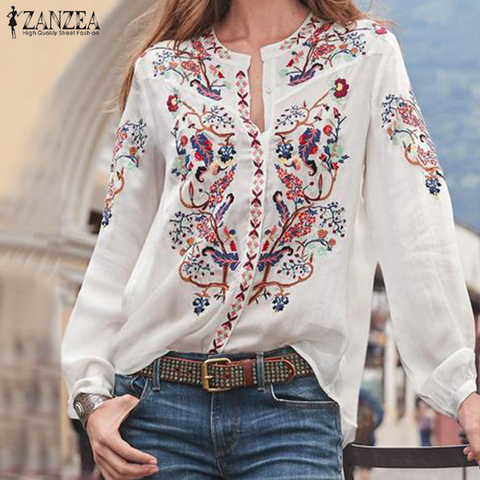 Blusas estampadas bohemias para mujer blusa de otoño ZANZEA 2022 túnica de talla grande moda cuello en V camisas de manga larga Blusas casuales femeninas ► Foto 1/6