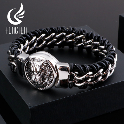 Fongten-pulsera antigua con cabeza de Lobo para hombre, brazalete de acero inoxidable con cuerda de cuero ► Foto 1/6