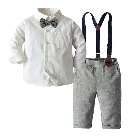 Conjunto de ropa para niño, traje de caballero, camisa blanca con pajarita + Pantalones grises, ropa de chico guapo para fiesta y boda ► Foto 1/6