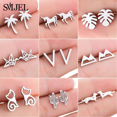 SMJEL-pendientes con tuerca de aves de acero inoxidable para mujer, joyería con Grulla de Origami, con diseño de gato y perro, Piercing, joyas bohemias ► Foto 1/6