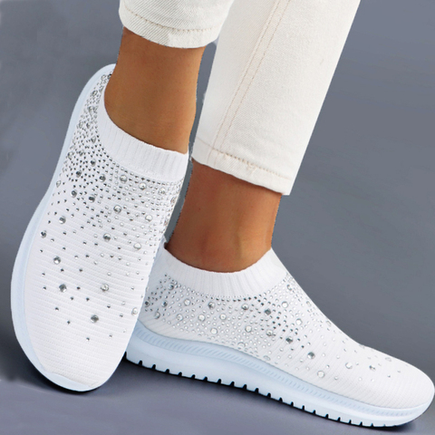 Zapatillas de deporte blancas para mujer, zapatos planos de moda de cristal, ostentosos, informales, antideslizantes, vulcanizados, de verano ► Foto 1/6