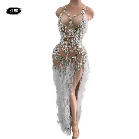 elegantes Vestido lentejuelas largo con borlas y perlas para mujer vestido ajustados de fiesta de graduación fiesta de cumpleaños fiesta de noche con abertura alta perspectiva de cristal boda vestido de mujer de fiesta ► Foto 1/6