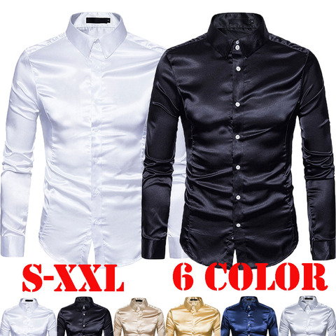 S-XXL de talla grande para hombre, camisa informal Formal, Top de seda satinada, camisa de manga larga ajustada, clásico de negocios ► Foto 1/6