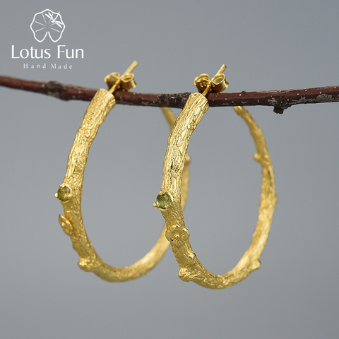 Lotus Fun-Pendientes vintage de plata de ley 925 y peridoto natural, joyería fina, hecha a mano, en forma de aro ► Foto 1/6