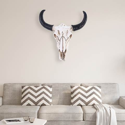 Cabeza de cráneo de vaca de Longhorn de resina adornos para colgar en la pared, escultura de cuernos de animales salvajes 3D, artesanías para decoración del hogar ► Foto 1/6