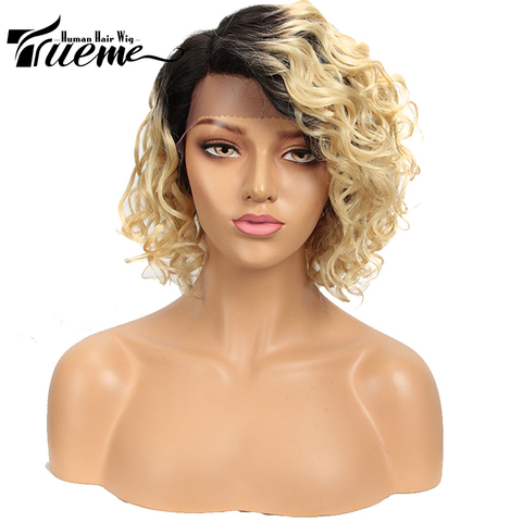 Trueme-Peluca de malla con división Bob L, Rizado corto suelto, Ombre 613, Rubio, naranja, marrón, rojo, parte de onda de encaje en agua, peluca de moda para el cabello humano ► Foto 1/6