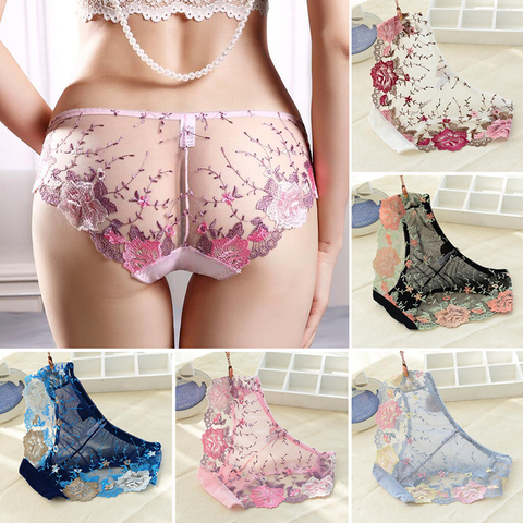 Ropa interior fina bordada transparente de encaje para mujer, bragas sexys con patrón de flores encantadoras, pantalones cortos de verano ► Foto 1/6