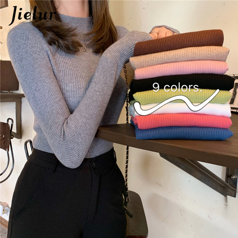 Jielur-suéteres de punto para mujer, jersey básico de cuello alto de Color liso, Jersey coreano ajustado, Otoño e Invierno ► Foto 1/6