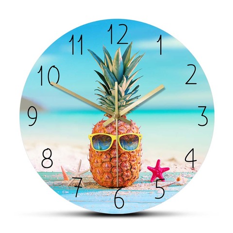 Piña con gafas de sol en Seahore Reloj de pared de verano diseño moderno fruta botánica cocina Reloj de pared comedor habitación arte Decoración ► Foto 1/6