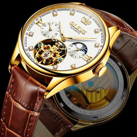 OLEVS-relojes mecánicos automáticos clásicos para hombre, reloj de pulsera militar resistente al agua de cuero genuino, Tourbillon ► Foto 1/6