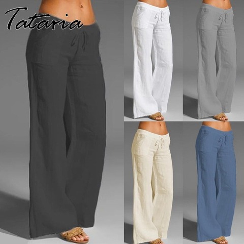 Pantalones de lino y algodón para mujer, pantalón harén de cintura alta, holgado, suave, con cintura elástica, blanco, azul, informal, para verano, 2022 ► Foto 1/6