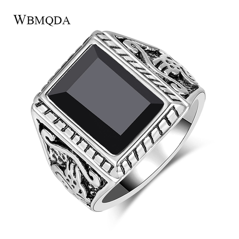 Wbmqda-Anillo de piedra para hombre, Vintage negro, escultura de Color plateado, patrón de señal étnica, anillos de boda, joyería turca, envío directo ► Foto 1/6