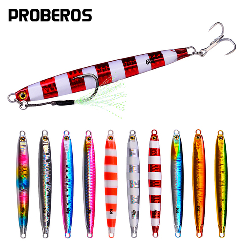 PROBEROS 5 unids/lote Metal largo plantilla Señuelos de Pesca 10g-20g-30g-40g-60g lento fundido Jigging cuchara Artificial costa de plomo metálico de cebos ► Foto 1/6