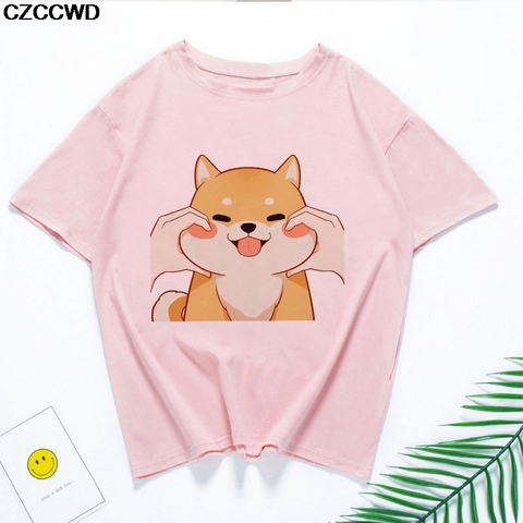 Camiseta Kawaii de perro Shiba Inu para mujer, camiseta rosa con estampado, Harajuku holgada, ropa de calle, Tops ► Foto 1/6