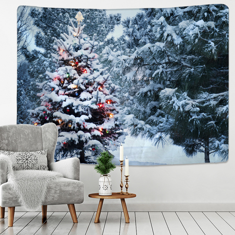 Tapiz de Navidad para colgar en la pared del hogar, manta con diseño de árbol de Navidad, Escena de nieve de poliéster, regalo de decoración del hogar ► Foto 1/6