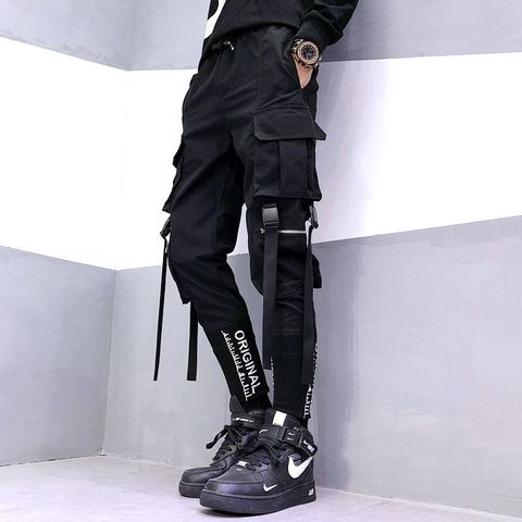 ¡Novedad de 2022! Pantalones Cargo con cintas para hombre de estilo Hip Hop, pantalones negros de estilo Casual con cintura elástica de estilo Harajuku, pantalones para correr para hombre ► Foto 1/5