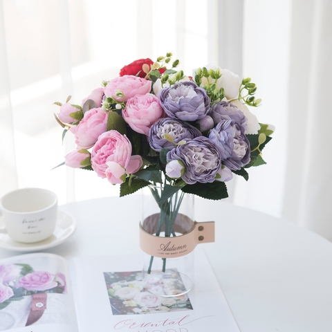 Flores artificiales de seda roja peonía rosas jarrones para la decoración del hogar de novia, accesorios de boda, buqué arte DIY regalos Rosa plantas ► Foto 1/6