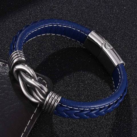 Pulsera de cuero azul para hombre, brazalete de acero inoxidable con Cierre magnético, estilo Punk, regalo, SP0773 ► Foto 1/6