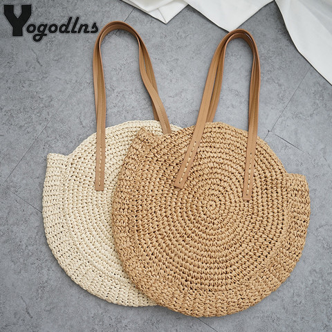 Bolso de playa de paja para mujer, bolsa de rafia tejida a mano de estilo bohemio e informal y con diseño redondo para el verano ► Foto 1/6