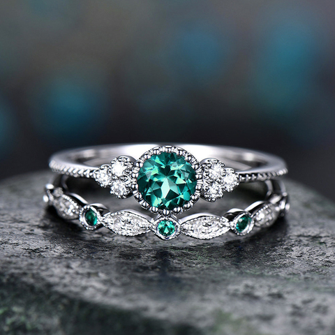 2 unids/set de lujo verde piedra azul Anillos de dedo de cristal para las mujeres de Color plata boda bandas joyas regalos 2022 nuevo ► Foto 1/6