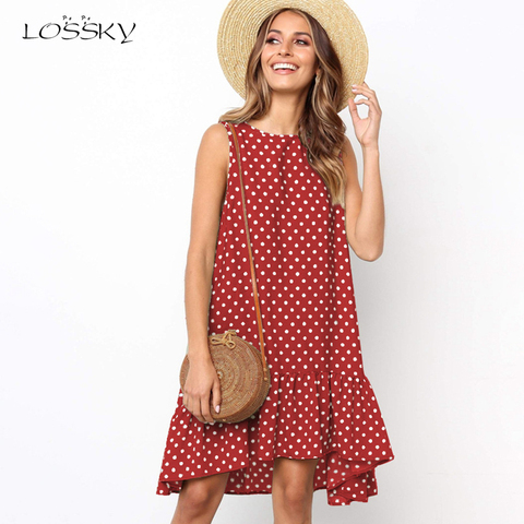 Lossky vestido de verano para mujer Polka Dot Chiffon sin mangas playa Mini Casual amarillo vestido de verano 2022 de talla grande para mujer rojo ► Foto 1/6