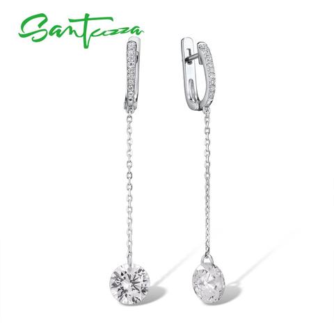 Pendientes de plata SANTUZZA para mujer, Plata de Ley 925 pura, Zirconia cúbica blanca brillante, pendientes largos de gota, joyería elegante fina ► Foto 1/6