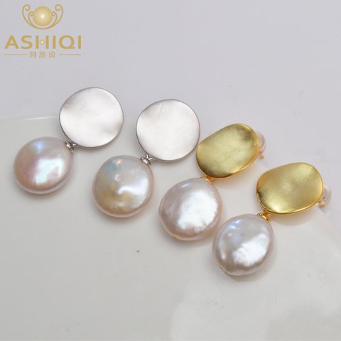 ASHIQI-pendientes coreanos de Plata de Ley 925 auténtica para mujer, joyería de moda de Perla Barroca de agua dulce Natural grande para mujer ► Foto 1/6