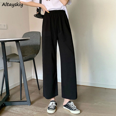 Pantalones de pierna ancha para mujer, Capris holgados informales de estilo coreano, cintura alta elástica, talla grande, hasta el tobillo, elegante nuevo de moda de primavera ► Foto 1/6