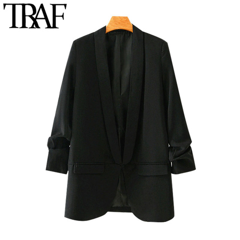 TRAF-chaqueta negra básica para mujer, moda de oficina, abrigo Vintage de manga plisada con bolsillos, prendas de vestir exteriores, Tops Chic ► Foto 1/6