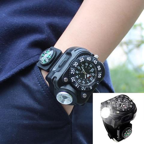 Reloj de pulsera táctico militar multifuncional 3 en 1, linterna con brújula LED brillante recargable, herramienta de supervivencia al aire libre ► Foto 1/6