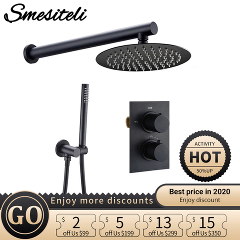 Smesiteli-Juego de ducha de baño, grifo negro mate para ducha de lluvia que se monta en la pared o el techo, sistema de válvula termostática, cabezal de ducha de 8-12