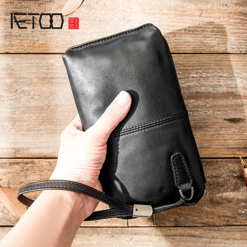 AETOO-Bolso de mano de cuero suave para hombre, cartera larga informal retro de cuero suave, con cremallera, para teléfono ► Foto 1/6